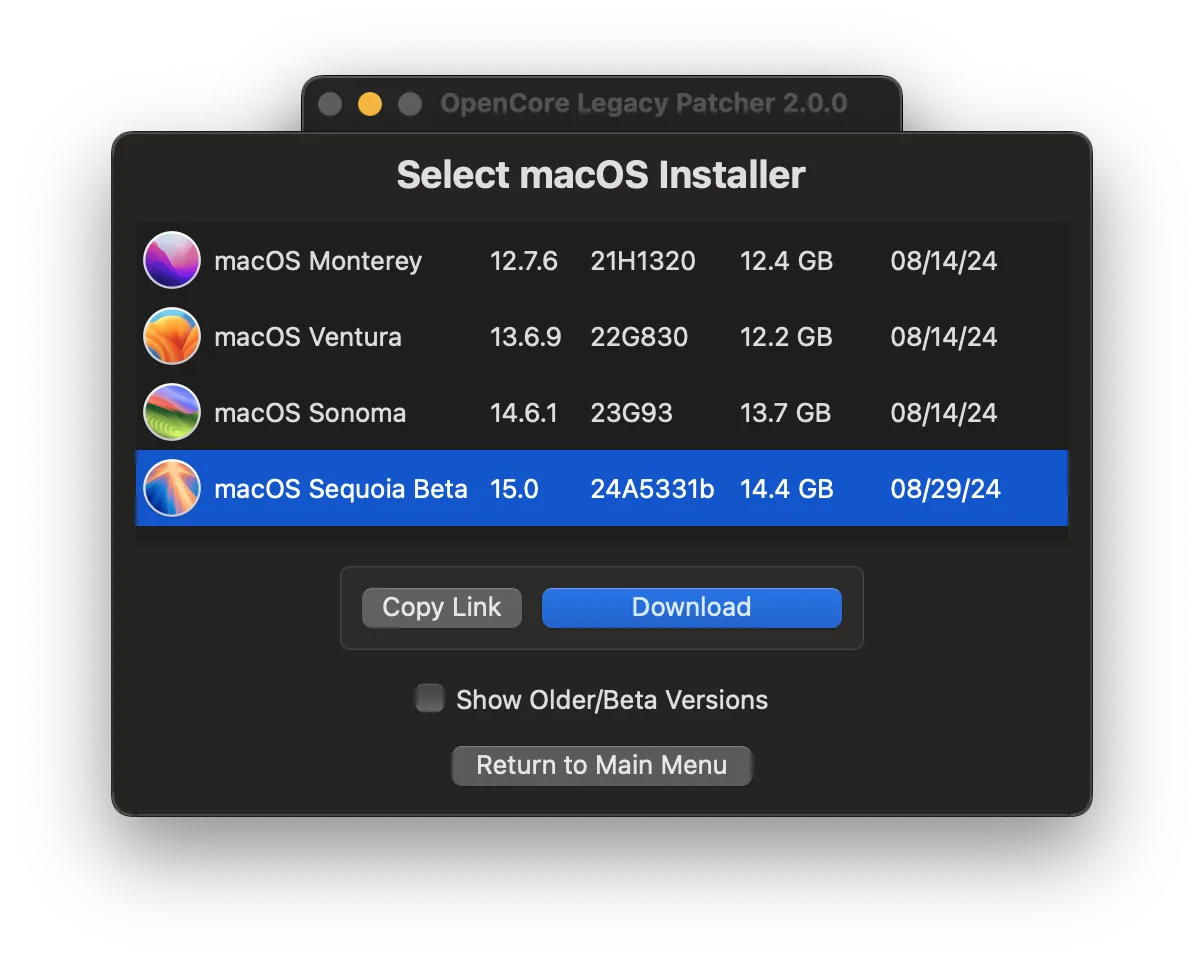 Available macOS installers in OCLP